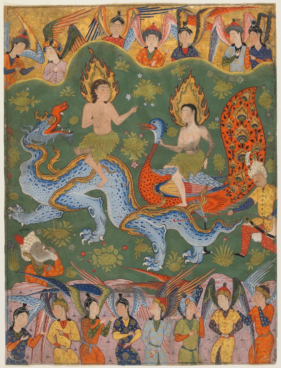 Folio egy Falnamából (Jelnek könyve); verso: Ádám és Éva kiűzése, Kazvin, Irán, Szafavida-korszak, 1550-es évek közepe (átlátszatlan akvarell, tus és arany papíron) alkotó: Persian School