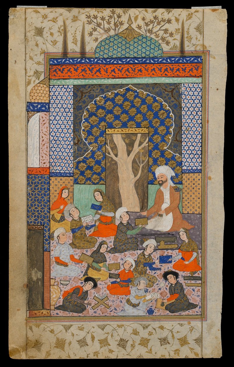 Folio egy khamszából (kvintett), Nizamitól; recto: Layla és Majnun az iskolában, Irán, Szafavida időszak, 1600-10 körül (átlátszatlan akvarell, tus és arany papíron) alkotó: Persian School