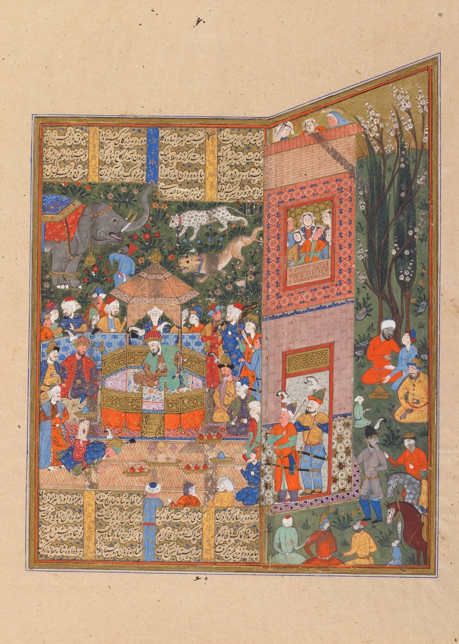 Fólió egy Shahnamából (Királyok könyve) Firdawsitól (megh. 1020); verso: Salm és Tur követei Faridun előtt, Shiraz, Irán, Saravid-korszak, 1560 körül (átlátszatlan akvarell, tus és arany papíron) alkotó: Persian School