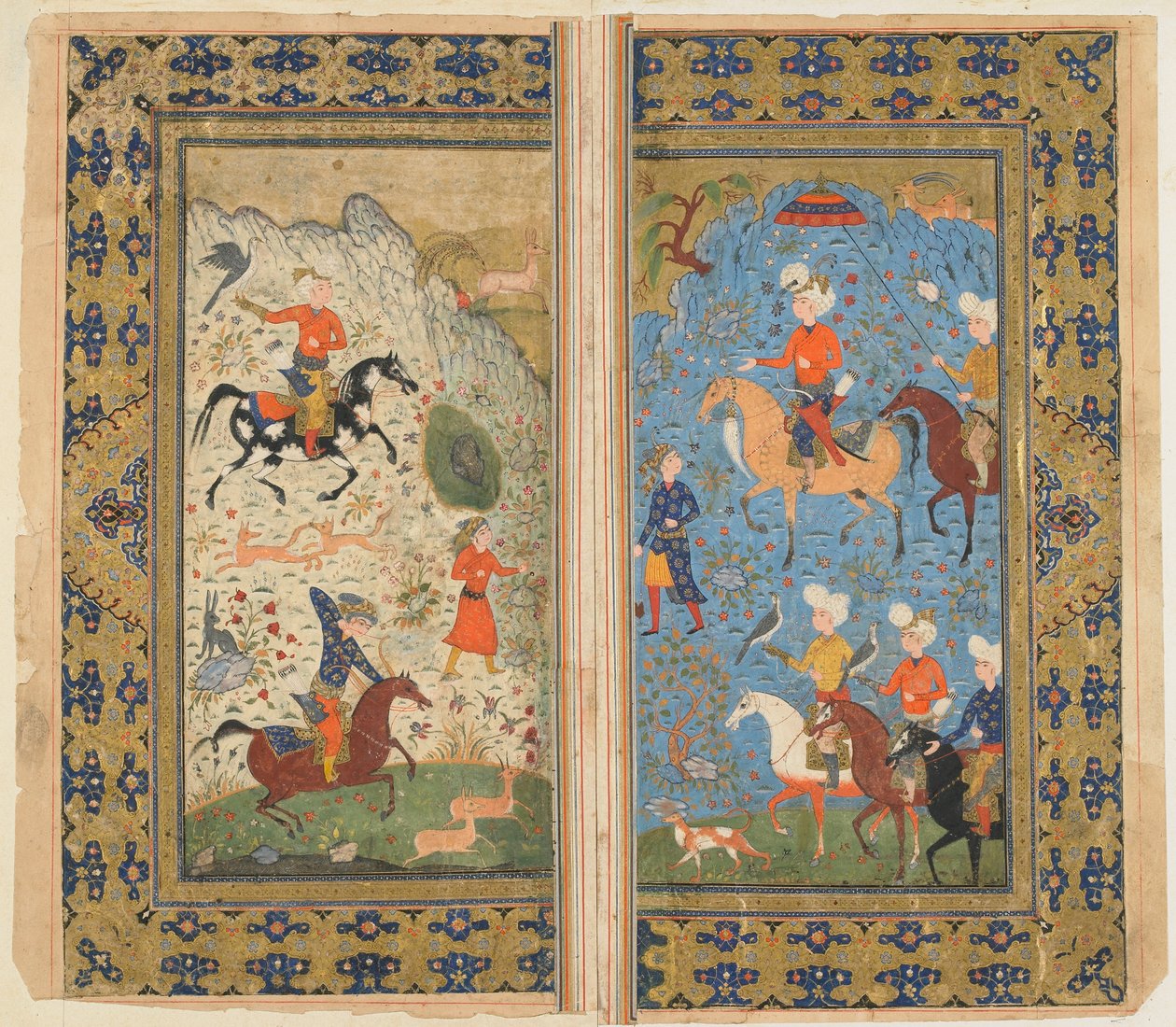 Fólió egy Shahnamából (Királyok könyve) Firdawsitól; Királyi vadászat, Irán, 1590-1600 körül (átlátszatlan akvarell, tus és arany papíron) alkotó: Persian School