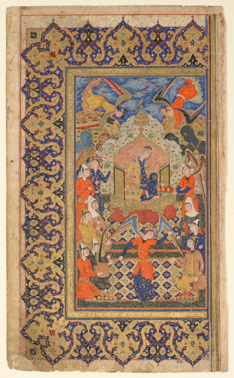 Fólió egy Shahnamából (Királyok könyve) Firdawsitól; recto: Bilqis Enthroned; verso: előszó szövege, Shiraz, Fars, Irán, Szafavida-korszak, 1590-1600 körül (átlátszatlan akvarell, tus és arany papíron) alkotó: Persian School