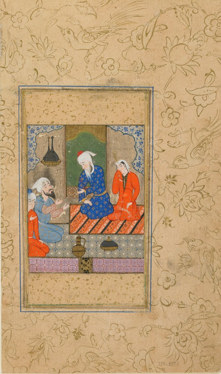 Folio egy Yusuf u Zulaykha-tól, Jamitól (megh. 1492); Zulaykha és egy idős férfi, hallgass meg egy beszélgetést, esetleg Mashhadban, Iránban, 1560-70 körül (átlátszatlan akvarell, tinta és arany a papíron) alkotó: Persian School