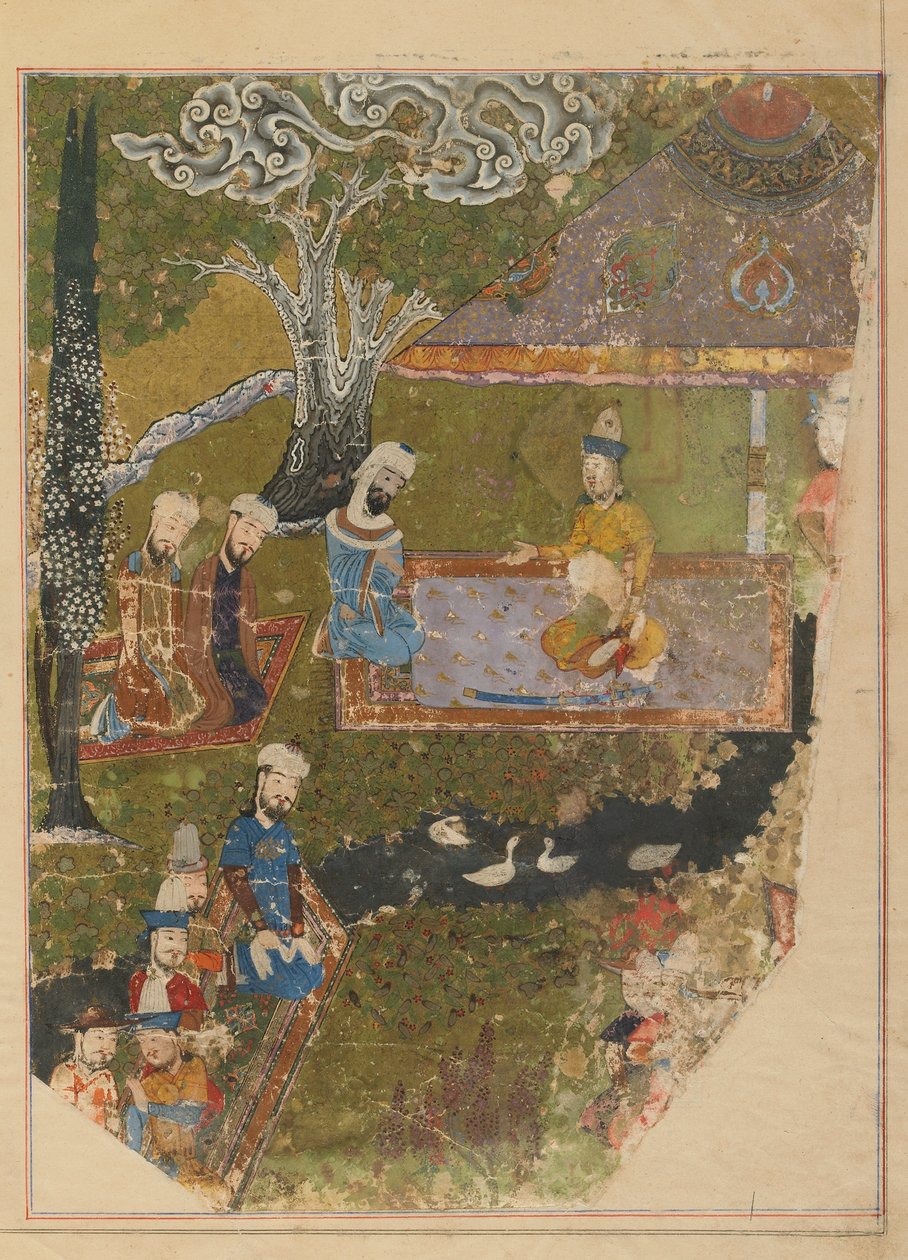 Folio egy Zafarnamából; verso: Timur hallgatóságot ad trónra lépése alkalmából Balkhban, Shirazban, Iránban, Timurid korszakban (átlátszatlan akvarell, tus és arany papíron) alkotó: Persian School