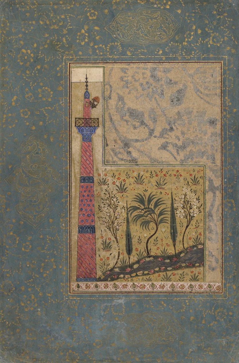 Fólió egy antológiából; Ember egy minaret tetején, Irán, 1417-1818 (átlátszatlan akvarell és arany papíron) alkotó: Persian School