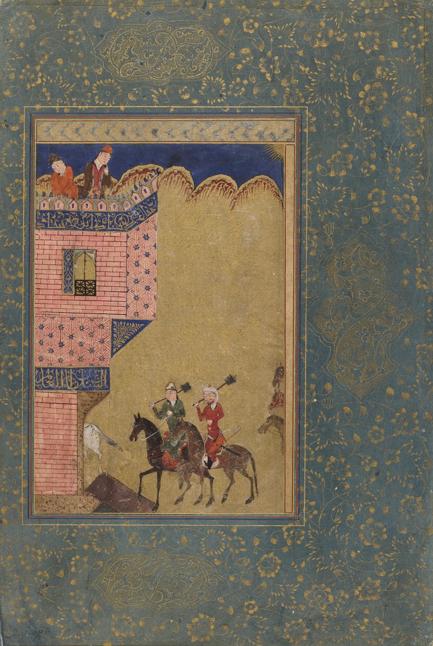 Fólió egy antológiából; Két lovas buzogányt cipelő épülethez közeledve, Irán, 1417-18 (átlátszatlan akvarell és arany papíron) alkotó: Persian School
