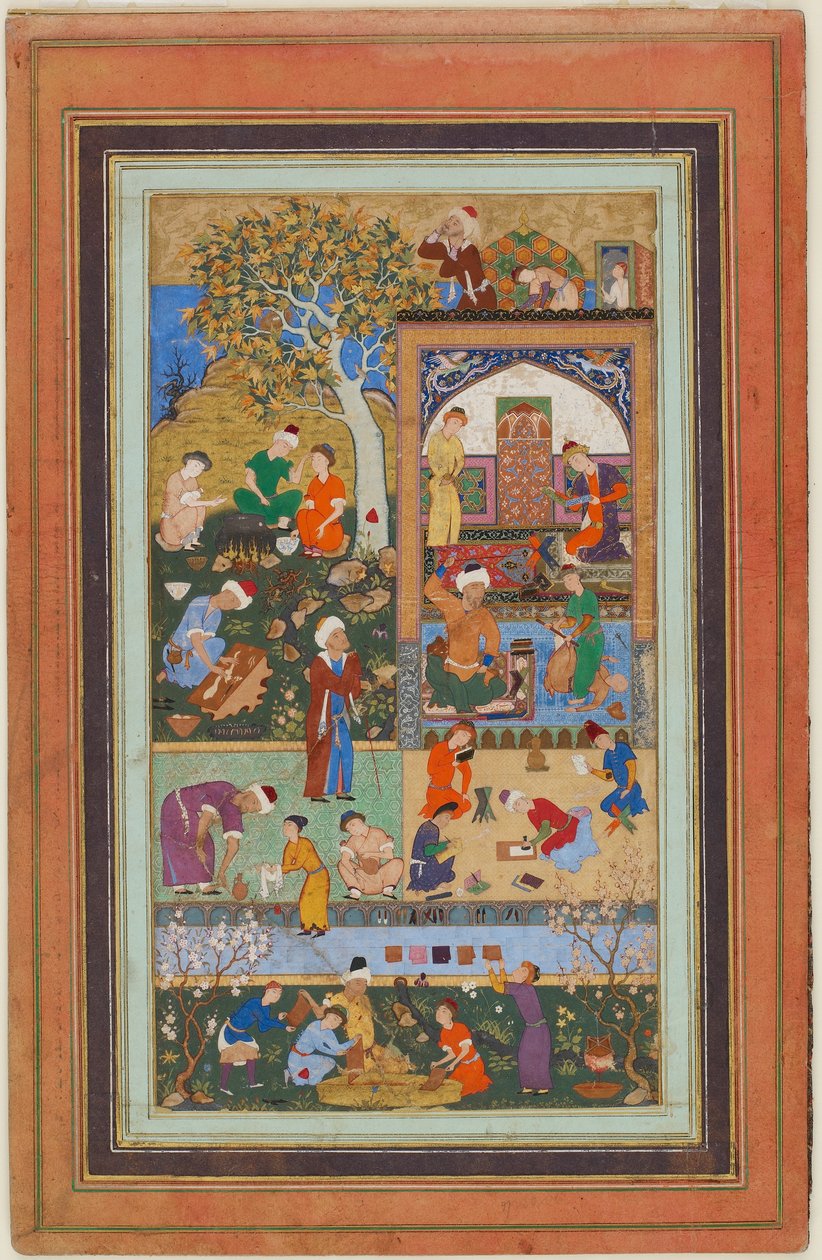 Fólió egy albumból; Iskolai jelenet, Tabriz, Irán, Safavid-korszak, 1540 körül (átlátszatlan akvarell, tinta és arany papíron) alkotó: Persian School