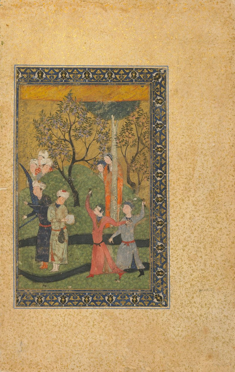 Fólió azonosítatlan szövegből; Herceg és hercegnő udvaroncokkal körülvéve egy kertben, Irán, turkomán korszak, 1480 körül (átlátszatlan akvarell, tus és arany papíron) alkotó: Persian School