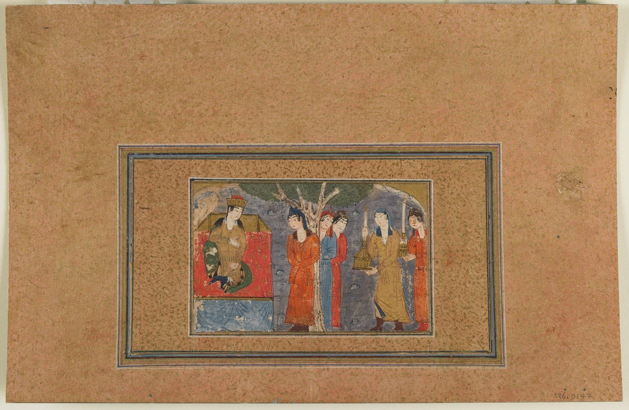 Fólió azonosítatlan szövegből; Egy hercegnő trónolt, Irán, 1440-50 körül (átlátszatlan akvarell, tus és arany papíron) alkotó: Persian School