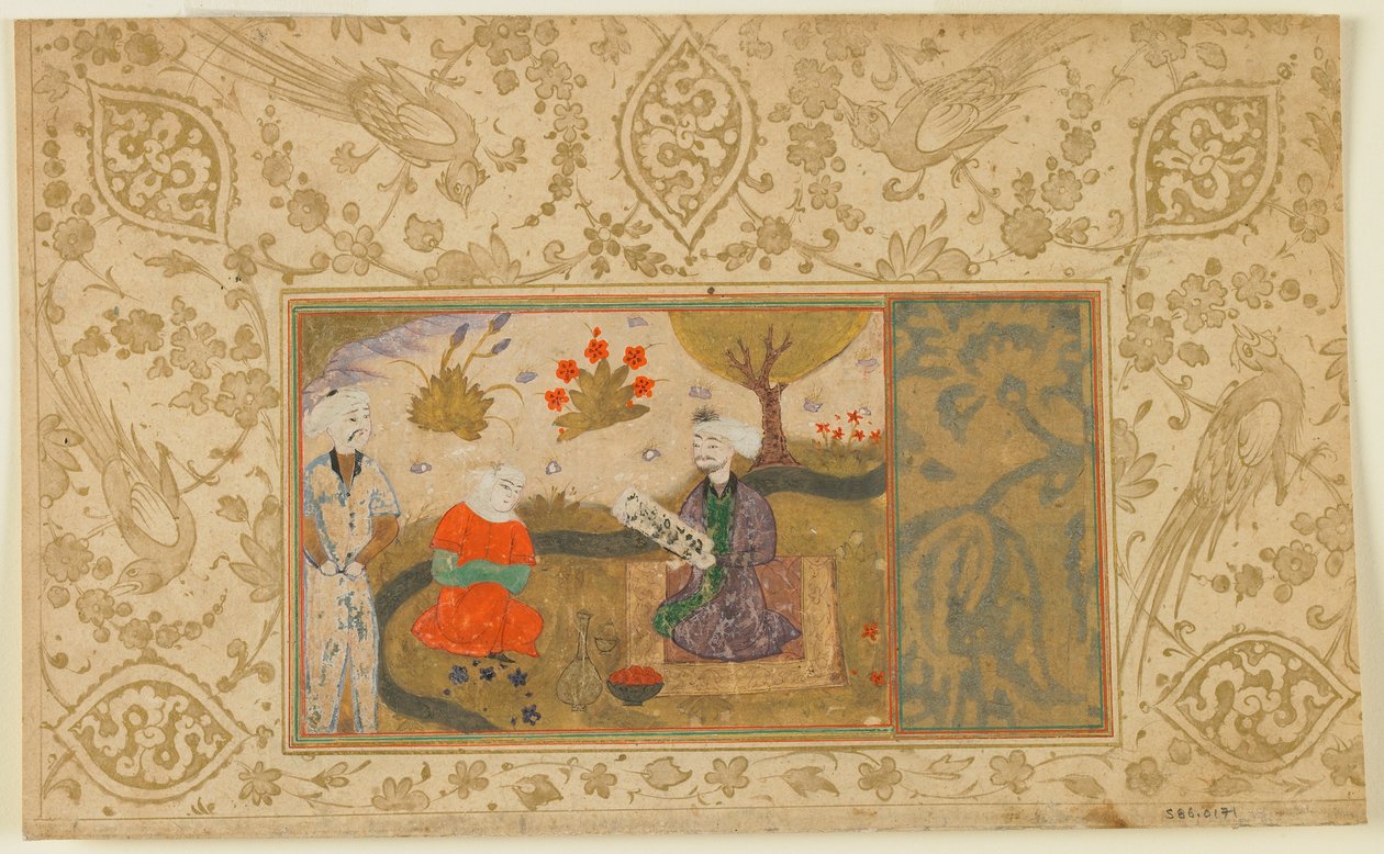 Fólió azonosítatlan szövegből; Egy nő beszélget egy ülő férfival a patak mellett, Irán, 1500 körül (átlátszatlan akvarell, tus és arany papíron) alkotó: Persian School