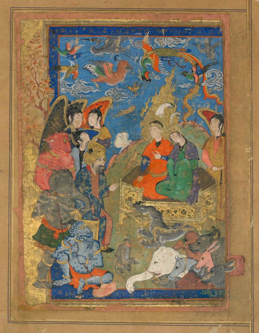 Fólió azonosítatlan szövegből; Sulayman és Bilqis trónolt, Iszfahán, Irán, Szafavida-korszak, 1590-1600 körül (átlátszatlan akvarell, tinta és arany papíron) alkotó: Persian School
