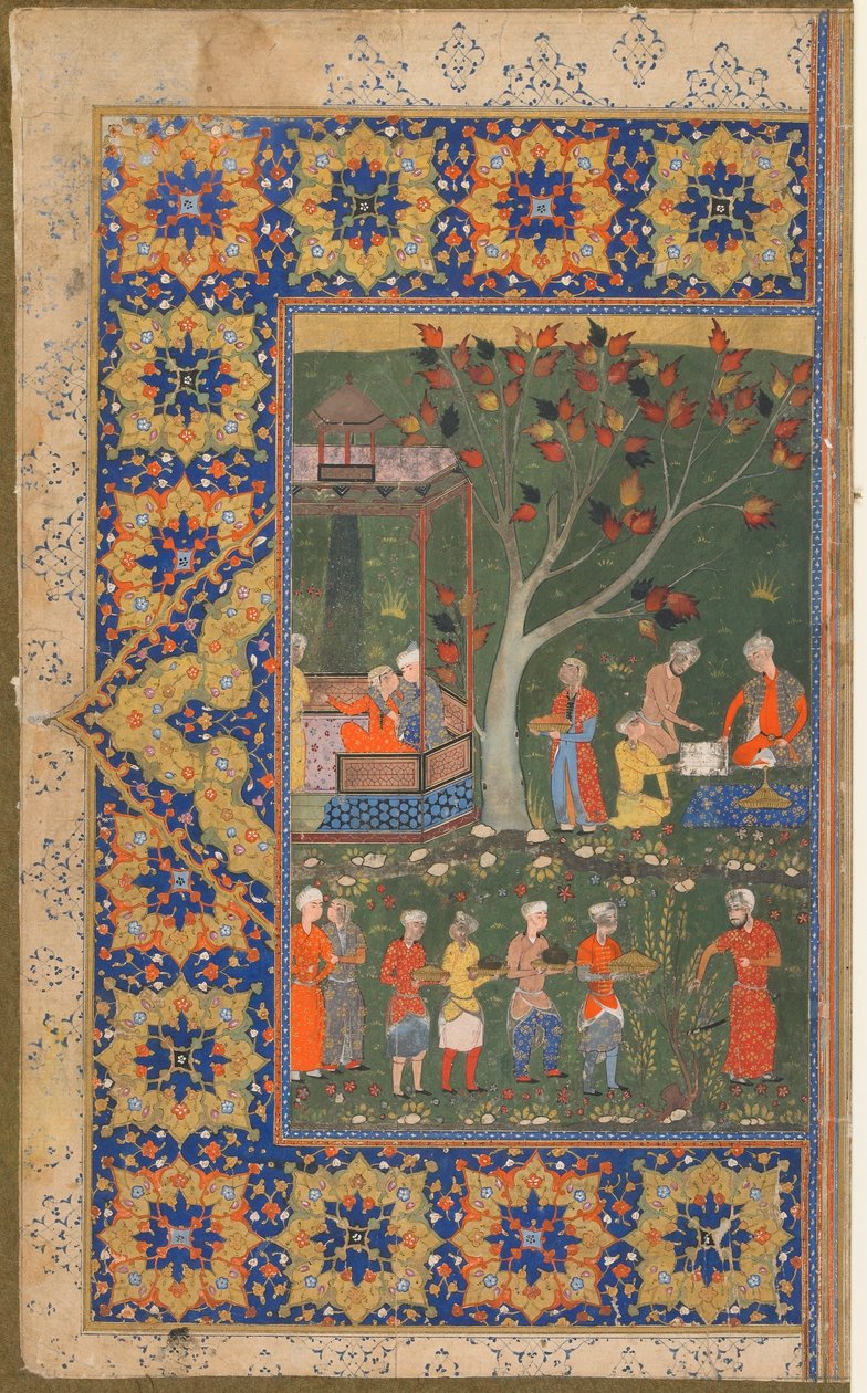 Fólió azonosítatlan szövegből; recto: A Party in a Garden, Shiraz, Irán, 1570 körül (átlátszatlan akvarell, tus és arany papíron) alkotó: Persian School