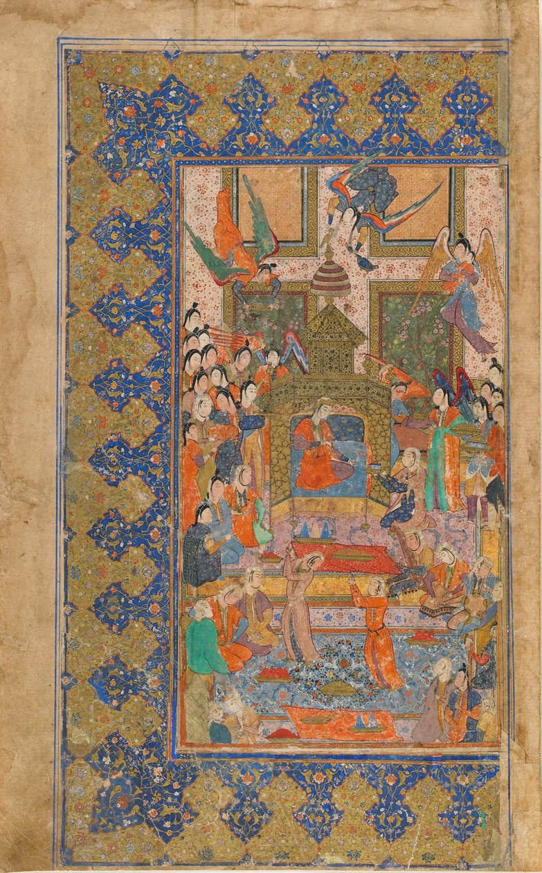 Fólió azonosítatlan szövegből; recto: A Princess Enthroned, Shiraz, Irán, 1560 körül (átlátszatlan akvarell, tus és arany papíron) alkotó: Persian School
