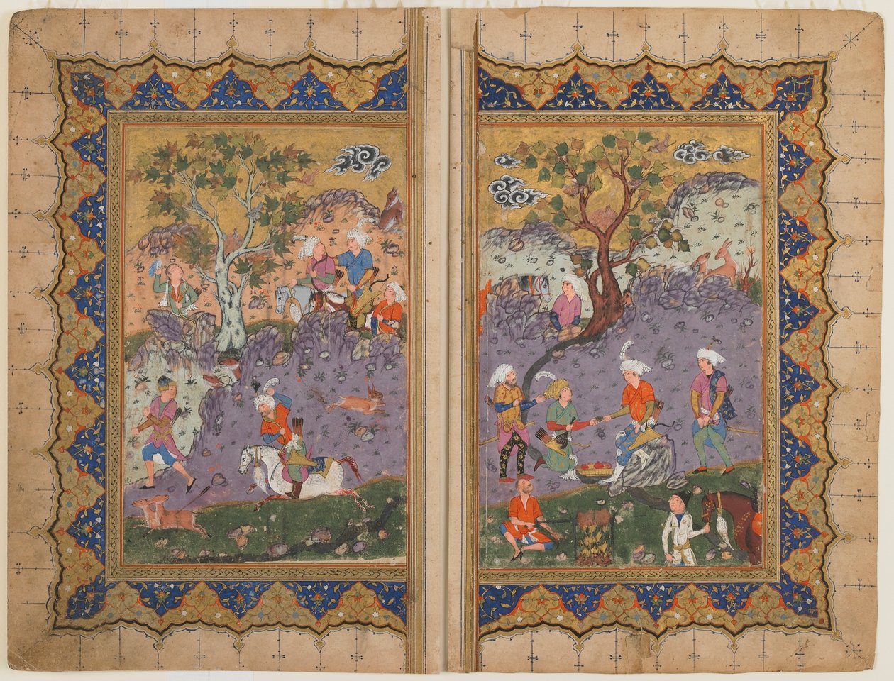 Fólió azonosítatlan szövegből; verso: Egy sziklán ülő herceg kísérőkkel körülvéve, Iszfahán, Irán, 1600 körül (átlátszatlan akvarell, tinta és arany papíron) alkotó: Persian School