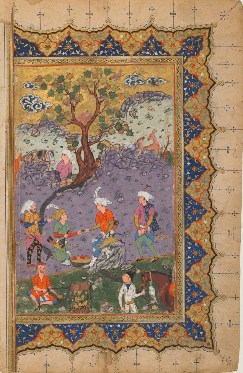 Fólió azonosítatlan szövegből; verso: Egy sziklán ülő herceg kísérőkkel körülvéve, Iszfahán, Irán, 1600 körül (átlátszatlan akvarell, tinta és arany papíron) alkotó: Persian School