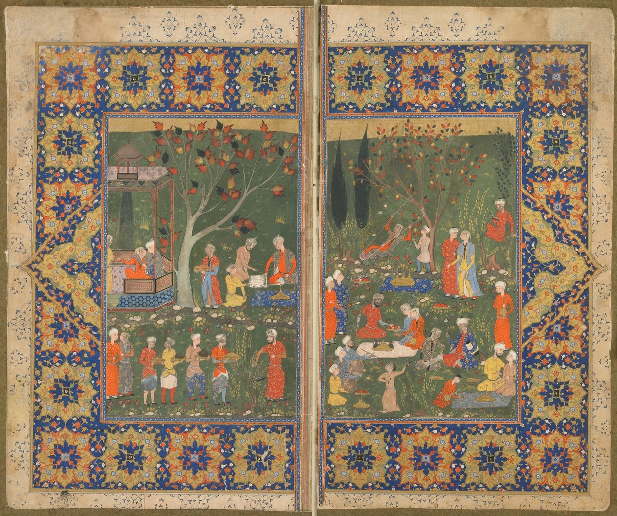 Fólió azonosítatlan szövegből; verso: Buli a kertben, Shiraz, Irán, 1570 körül (átlátszatlan akvarell, tus és arany papíron) alkotó: Persian School
