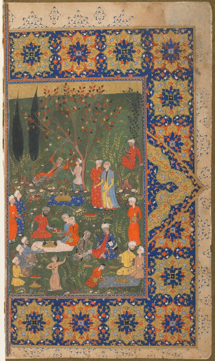 Fólió azonosítatlan szövegből; verso: Buli a kertben, Shiraz, Irán, 1570 körül (átlátszatlan akvarell, tus és arany papíron) alkotó: Persian School