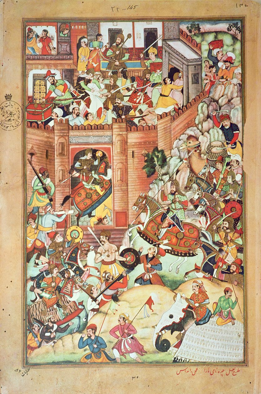 Dzsingisz kán egy kínai várost örökít meg, miniatűr a „Dzsingisz kán perzsa történetéből”, amely 1596-ban fejeződött be alkotó: Persian School