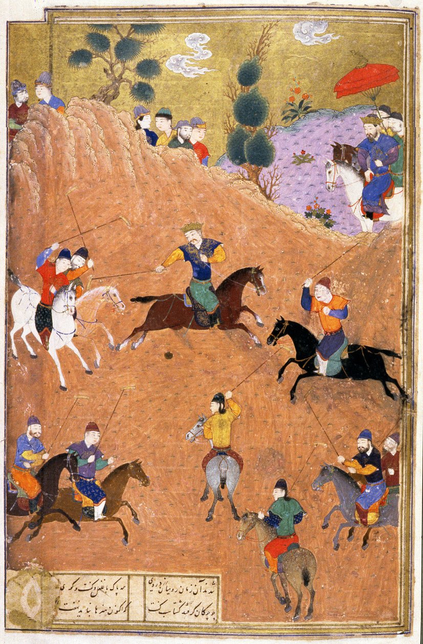 Gushtasp pólózik a Caesar előtt, illusztráció a Shahnama-ból (Királyok könyvéből), Abul-Qasim Manur Firdawsi (kb. 934-kb. 1020) kb. 1440-45 (toll, tinta és wc pergamen) alkotó: Persian School