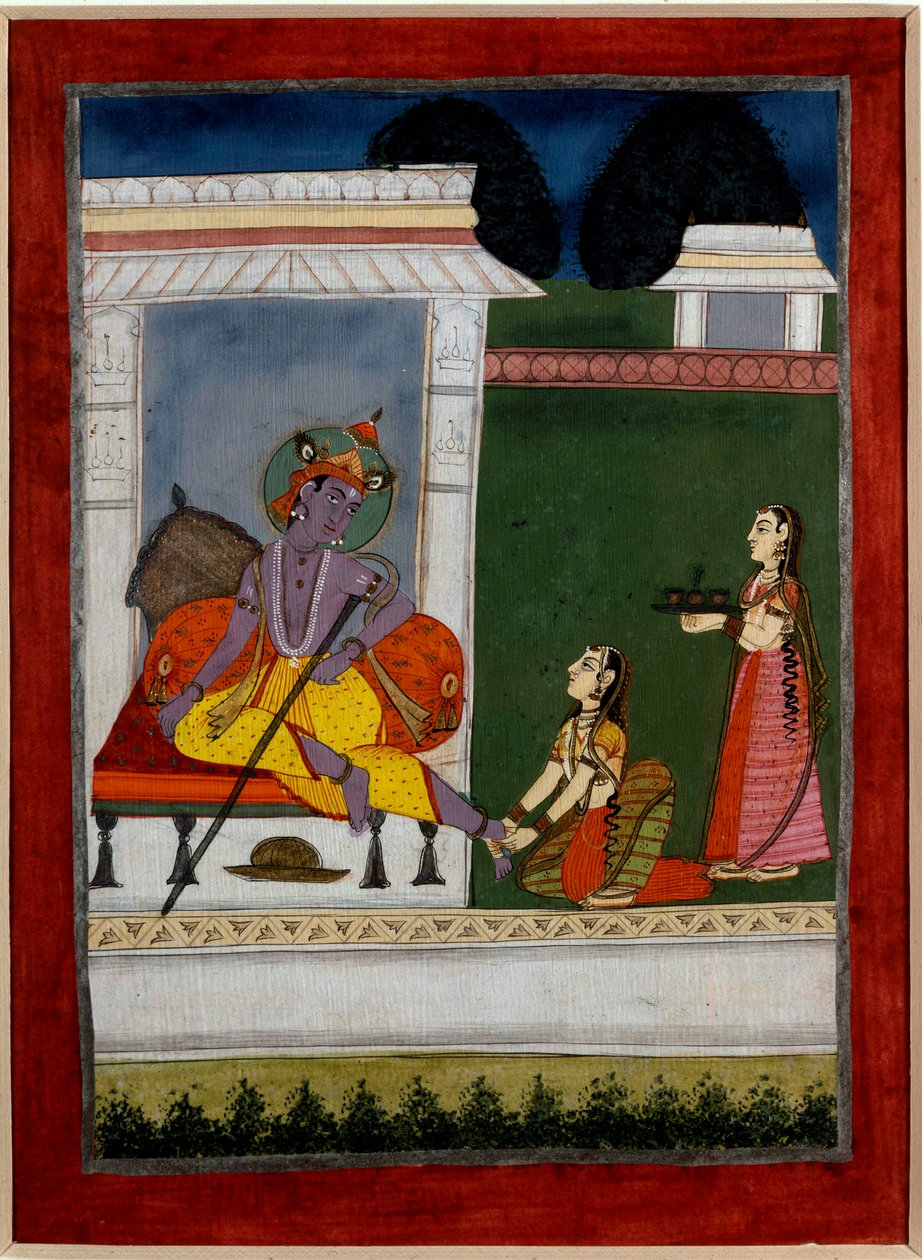 Hinduizmus: „” Krisna pihen”” A következő szőnyeg a lábán. A 17. századi indiai iskola perzsa miniatúrája. Rennes, Szépművészeti Múzeum alkotó: Persian School