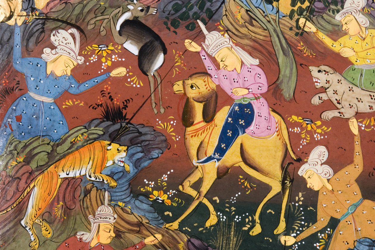 Szarvast és tigrist lovas és gyalogos vadászok (papíron átlátszatlan akvarell) (272916 részlet) alkotó: Persian School
