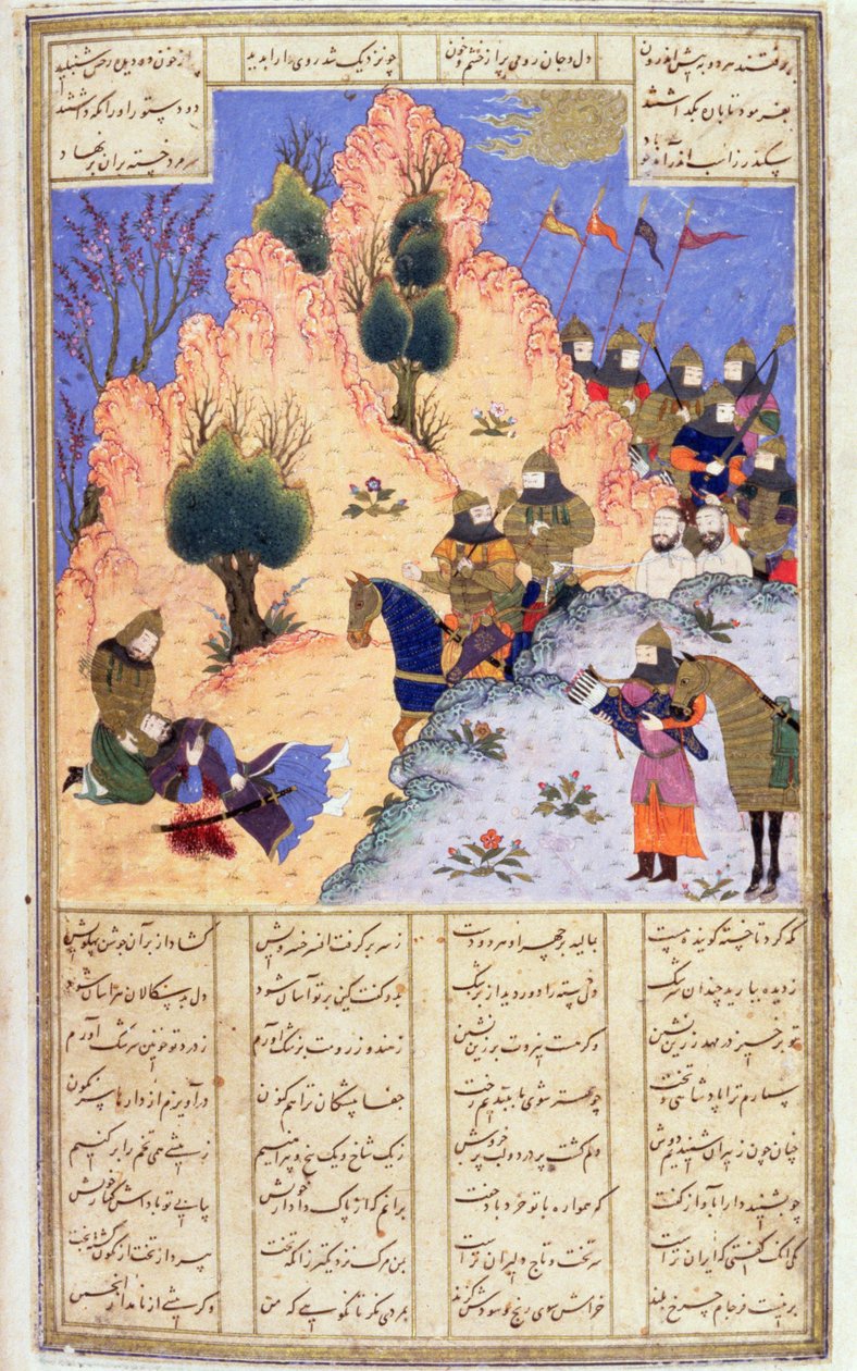 Iskandar vigasztalja a haldokló Darát, Firdawsis Shanaman, 1440-45 körül (toll, tinta és wc pergamen) alkotó: Persian School