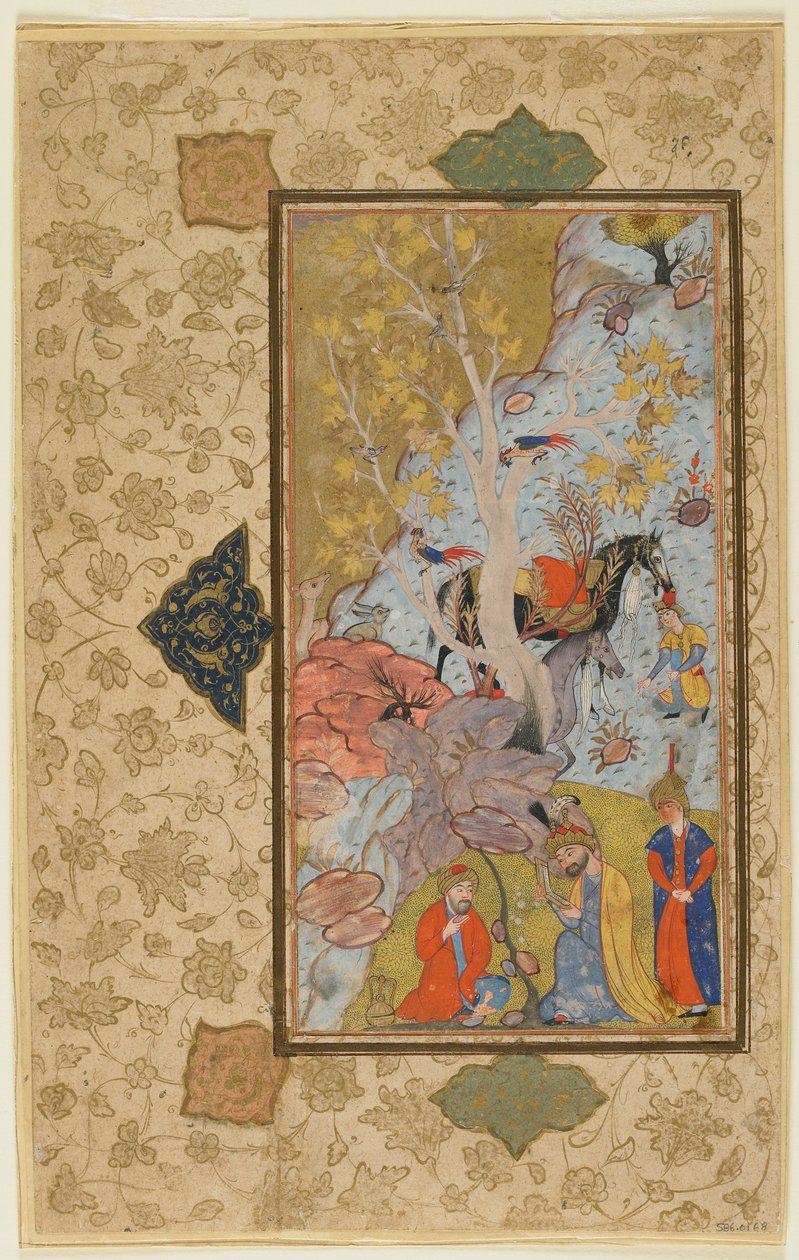 Iskandar meglátogat egy remetét, Shiraz, Irán, 1580-1600 körül (átlátszatlan akvarell, tinta és arany papíron) alkotó: Persian School