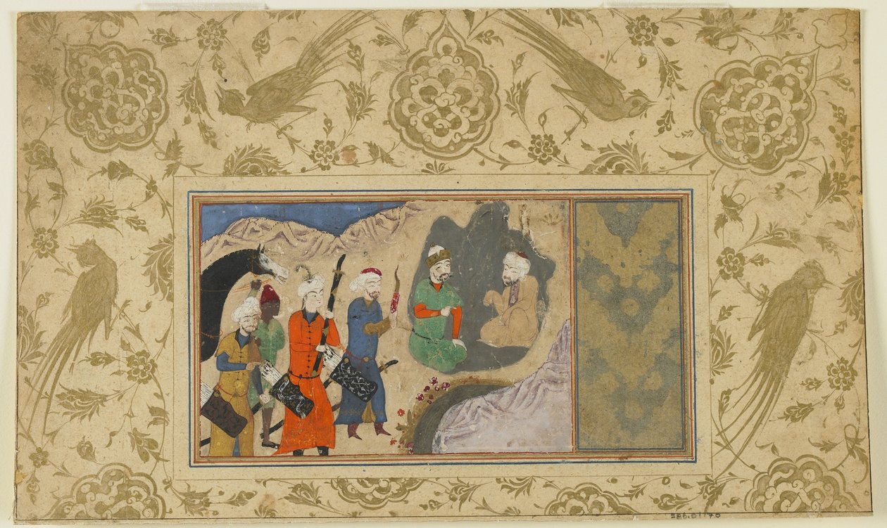 Iskandar meglátogat egy remetét, 1500 körül (átlátszatlan akvarell, tus és arany papíron) alkotó: Persian School