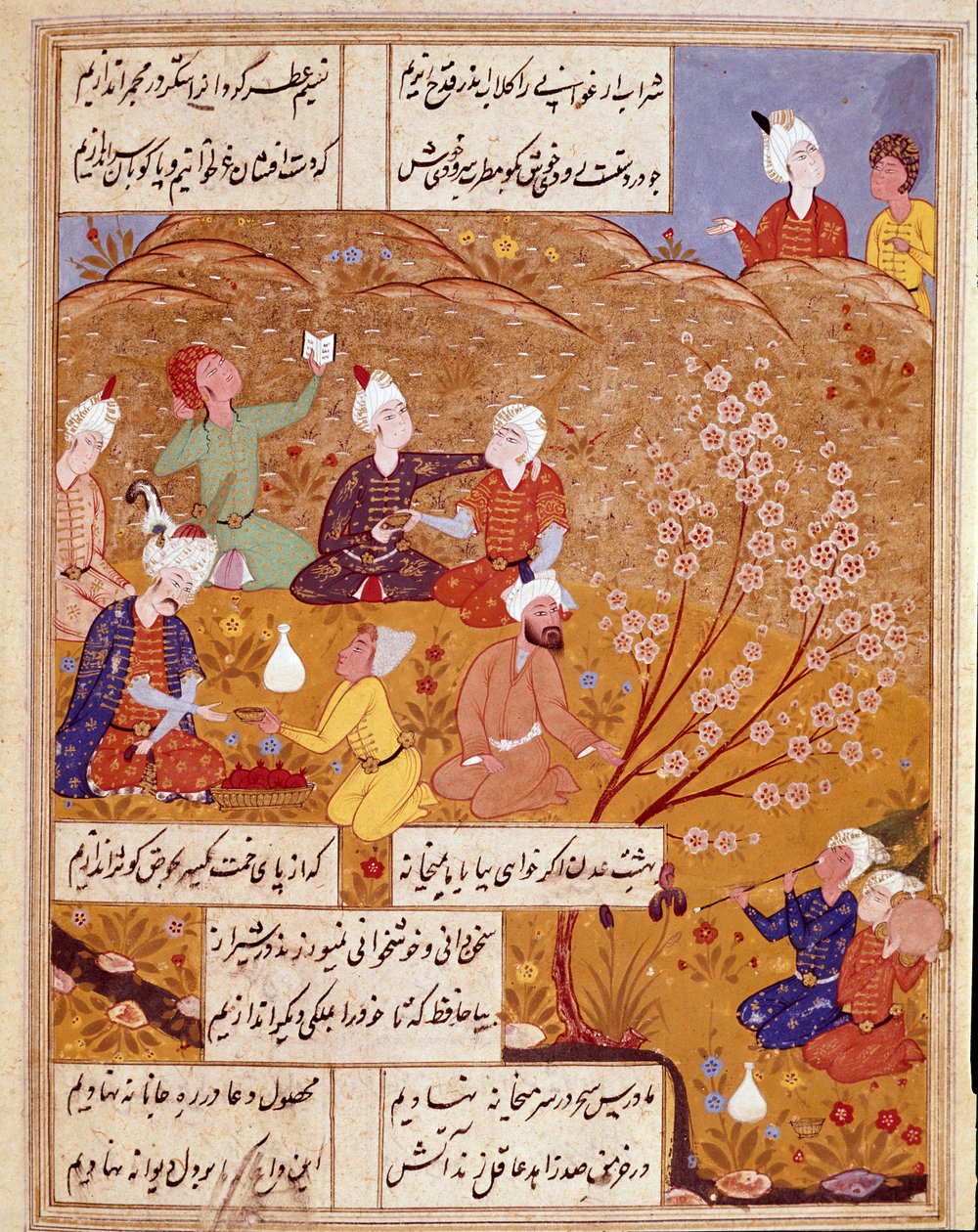 Iszlám művészet: „” A király harapnivalója az országba”” Hafez (Hafiz Shirazi) perzsa költő verseit illusztráló miniatűr, perzsa kézirat. 1554 San Lorenzo de El Escorial, El Escorial kolostor Királyi Könyvtára, Madrid alkotó: Persian School