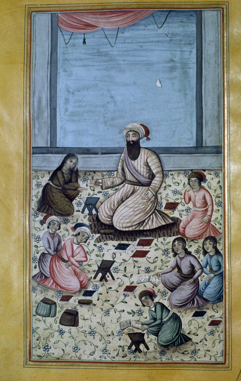 Korán elemi iskola (általános iskola) a 19. századi Perzsiában. perzsa miniatűr alkotó: Persian School