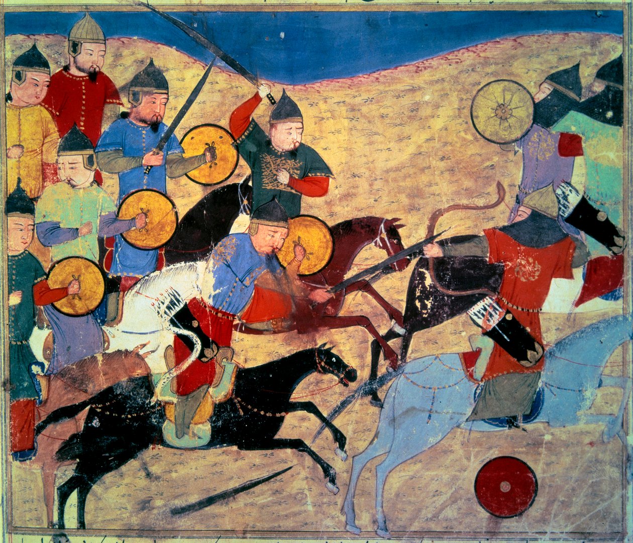 Noqai kiszivárogtatása (Kara Nogai kán (Noghai, Noqai, Nokhai, Nogay, Dzsingisz kán dédunokája, meghalt 1299-ben). Mongol lovasok. "Történetek összege (Djame al-tavarikh) (Djame al-tavarikh)" perzsa kézirat. (Folio 155v), írta Rachid al-Din Fazl alkotó: Persian School