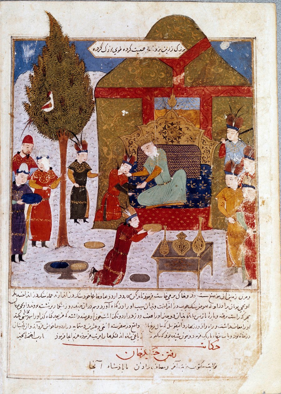 Dzsingisz kán mongol császár (1167-1227) a trónján egy Ilmil melletti táborban unokáival, Quibalaival és Hule Gu-val A perzsa miniatűr, amelyet Dzsami al-Tawarikhból (Dzsami al-Tawarikh) (A Mongol Birodalom története) vett át Rasid al-Din ( al Din) (B.1247 alkotó: Persian School