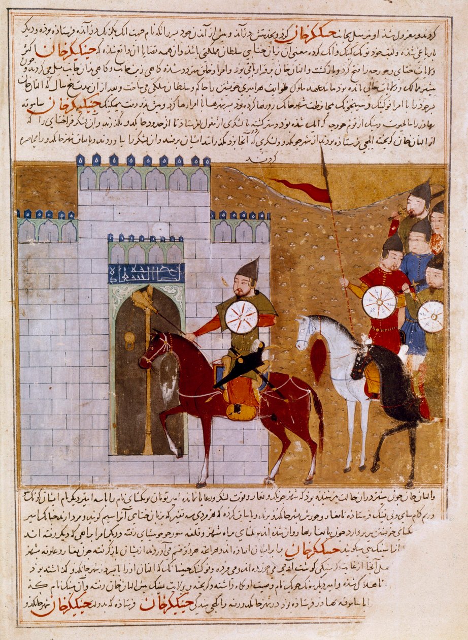Mongolok, akik egy perzsa miniatűr erődöt ostromolnak, amelyet Rashid al-din (al din) történész (1247-1318) „” Dzsami al-Tawarikh”-tól” (Dzsami al-Tawarikh) vagy „” Egyetemes történelemtől” vettek át (1247-1318) 1430 körül Párizs, B.N. alkotó: Persian School