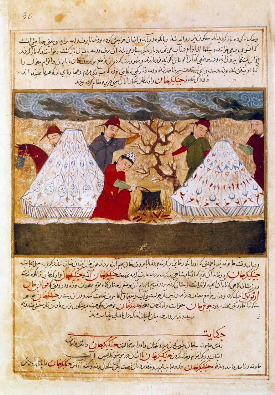 Mongolok főznek perzsa miniatűrt, amelyet Rashid al-din (al din) (1247-1318) történész „Dzsami al-Tawarikh”-ból (Dzsami al-Tawarikh) vagy „Univerzális történelemből” vettek át (1247-1318) 1430 körül. Paris, B.N. alkotó: Persian School
