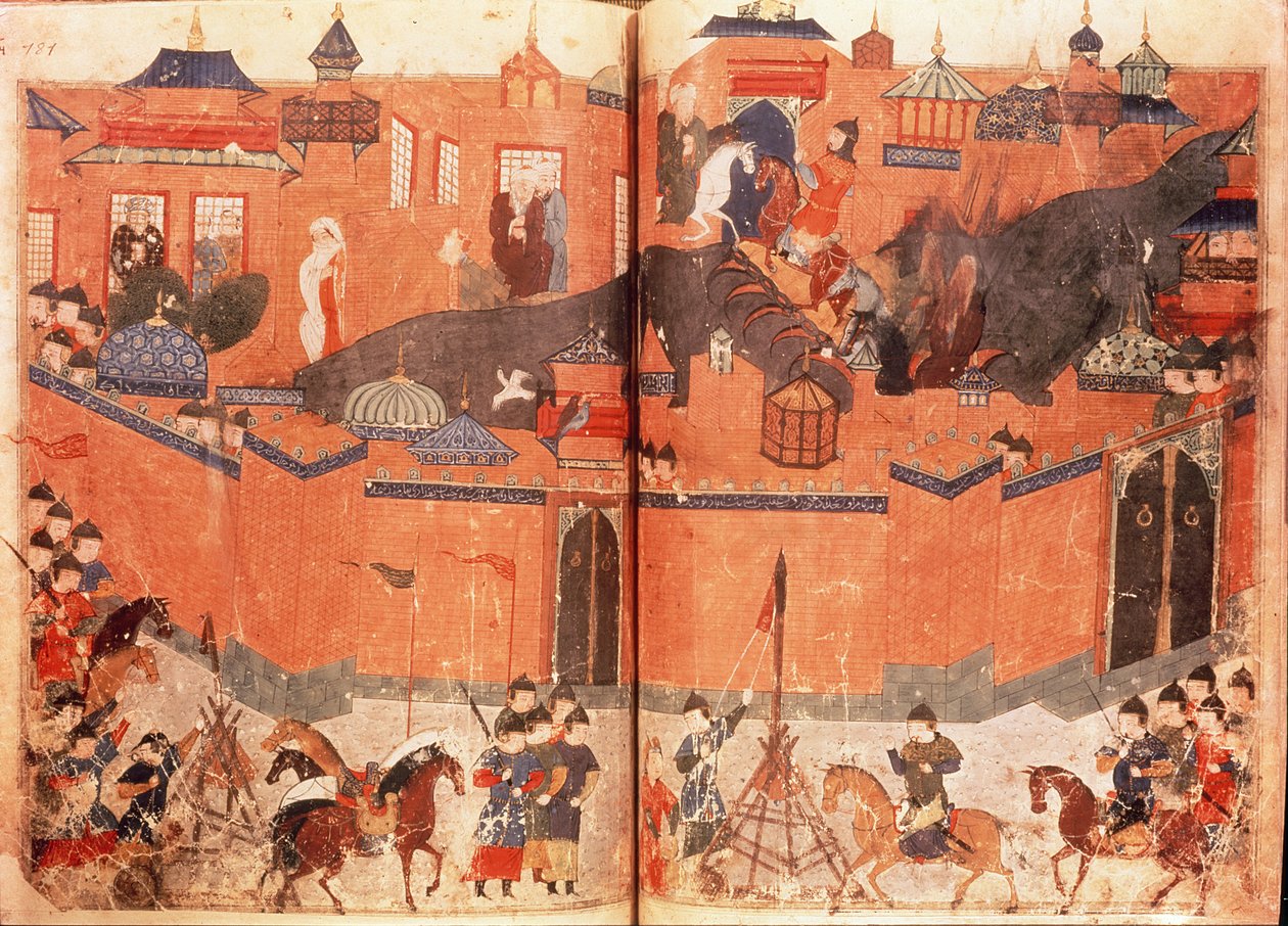 Ms.Sup.Pers.1113.f.180v-181 Mongols under the leadership of Hulagu Khan storming and capturing Baghdad in 1258, from a book by Rashid al-Din (1247-1318) (vellum) alkotó: Persian School