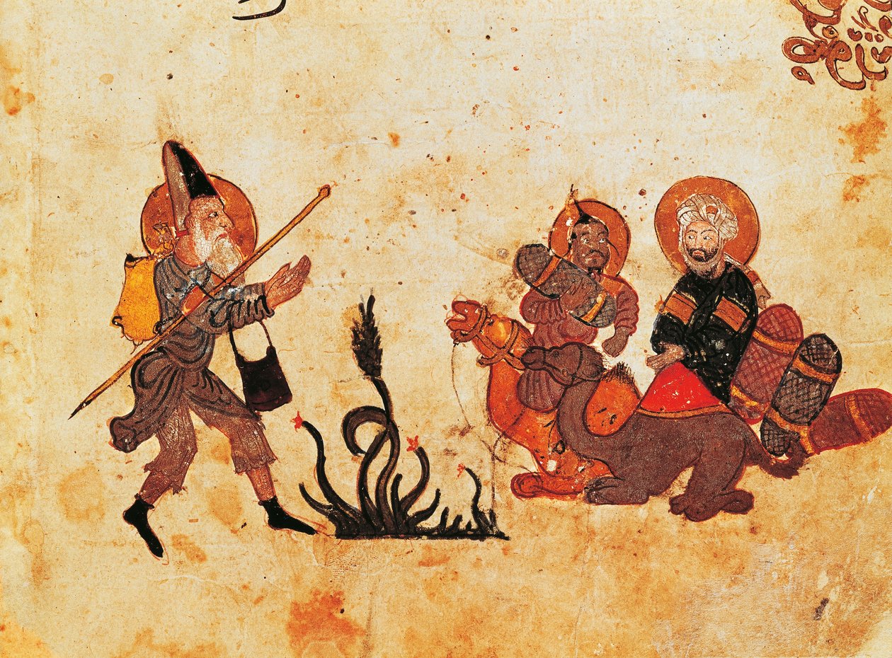 Ms Ar 3929 f.69, Abu Zayd elhagyja al-Harithot az észak-iraki zarándoklat során, az Al Maqamatból (A találkozások), Hariri illusztrálta, 13. század második negyedszázada (gouache, pergamen) (lásd a). alkotó: Persian School