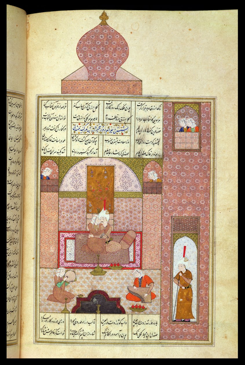 Ms D-212 fol.221b Bahram (420-28) meglátogatja Rum hercegnőjét, illusztráció a "Hét hercegnő" című műhöz, 1199, Elias Nezami (1140-1209), 1550 körül (gouache, papír). alkotó: Persian School