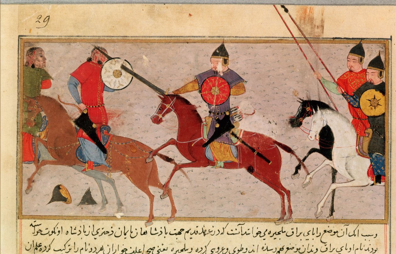 Ms. Pers.113 f.29 Dzsingisz kán (kb. 1162-1227) Harc a tatárokkal, Rashid-al-Din (1247-1318) könyvéből (guache) alkotó: Persian School
