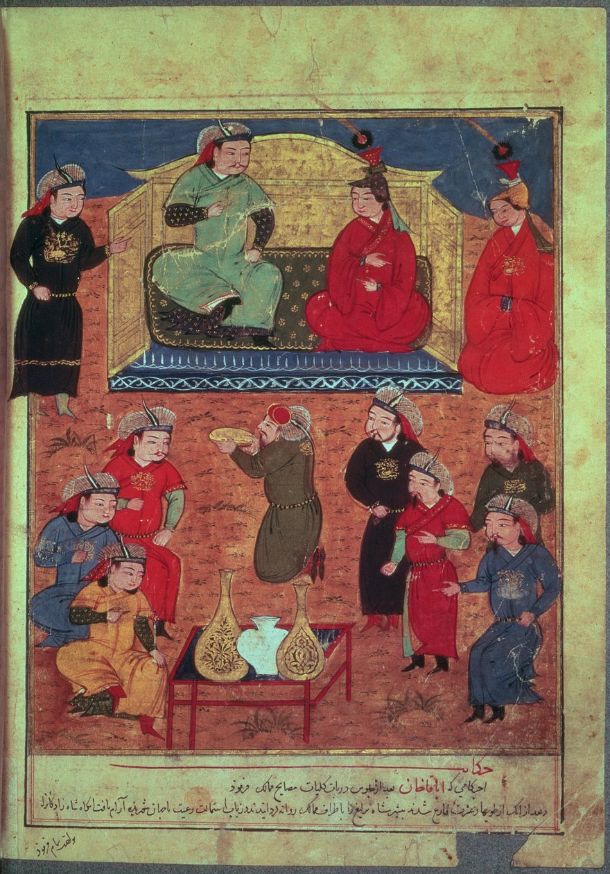Ms. Support. Háziállatok. 1113 fol.203v Arhaan kán két feleségével és fiával, Ghazannal, Rashid ad-Din (1247-1318) könyvéből alkotó: Persian School