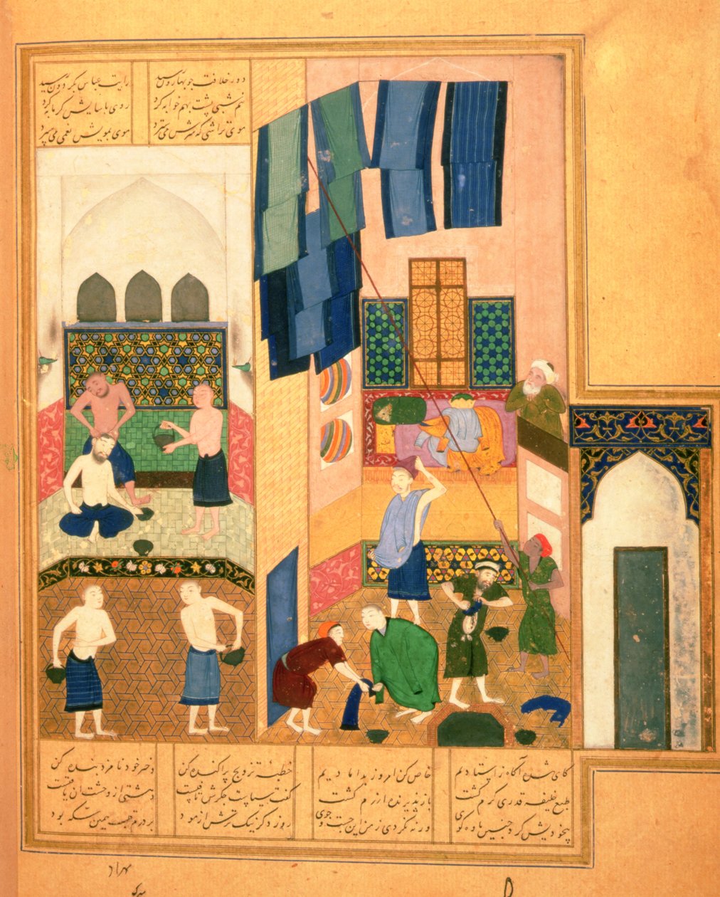 Or.6810 f.27v Harun al-Rashid és a borbély a törökfürdőben (vellum) alkotó: Persian School