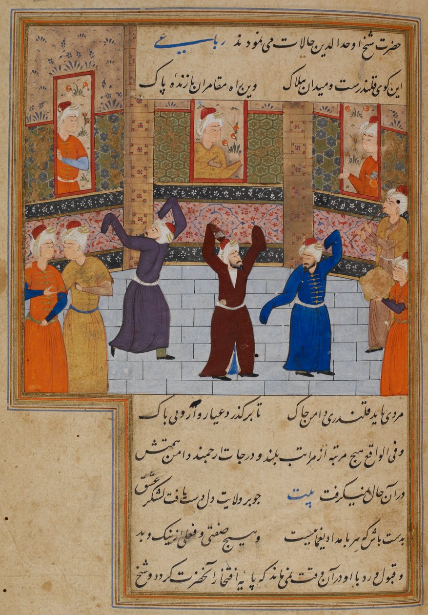 Vagy. 11837, f.152 Muhammad Tabadkani († 1486) dervisekkel táncol, illusztráció a „Majalis al-