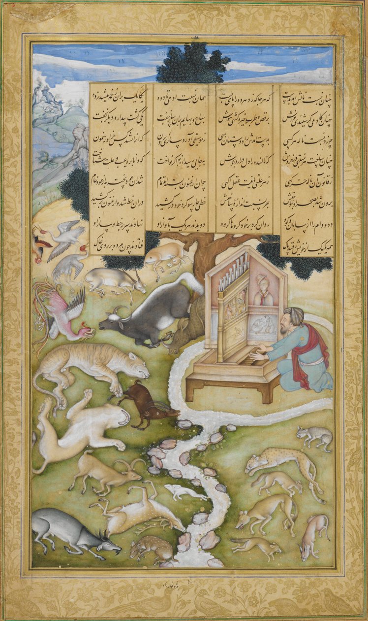 Vagy. 12208, f.298 Platón elbűvöli a vadállatokat zenéjével, illusztráció a „Khamsa” (Öt vers) című könyvből (vellum) alkotó: Persian School