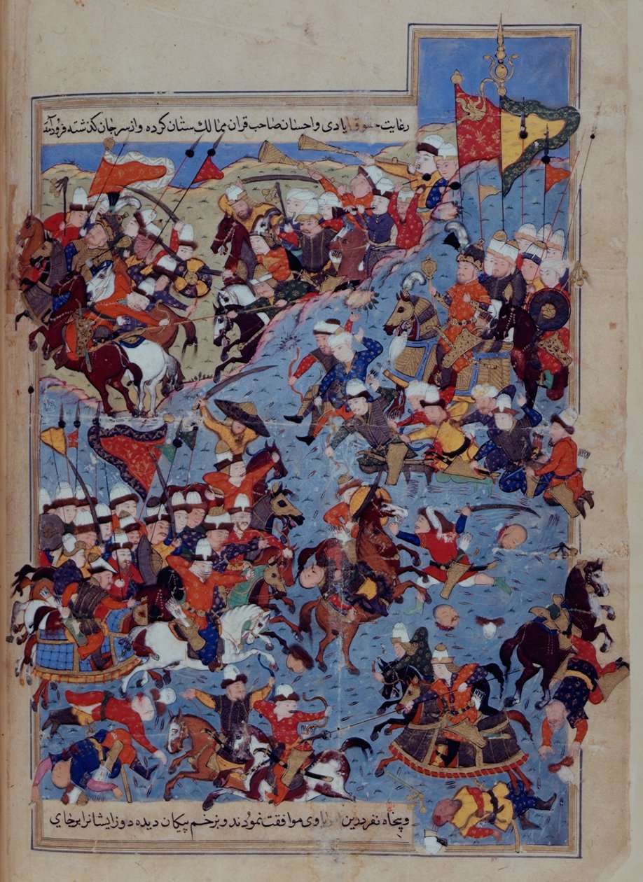 Vagy 5736 fol.122v csata Timur (1336-1405) és Tuqtamish kán között 1395-ben, a "Rawzat al-Safa"-ból Mirkhvand, Törökország alkotó: Persian School