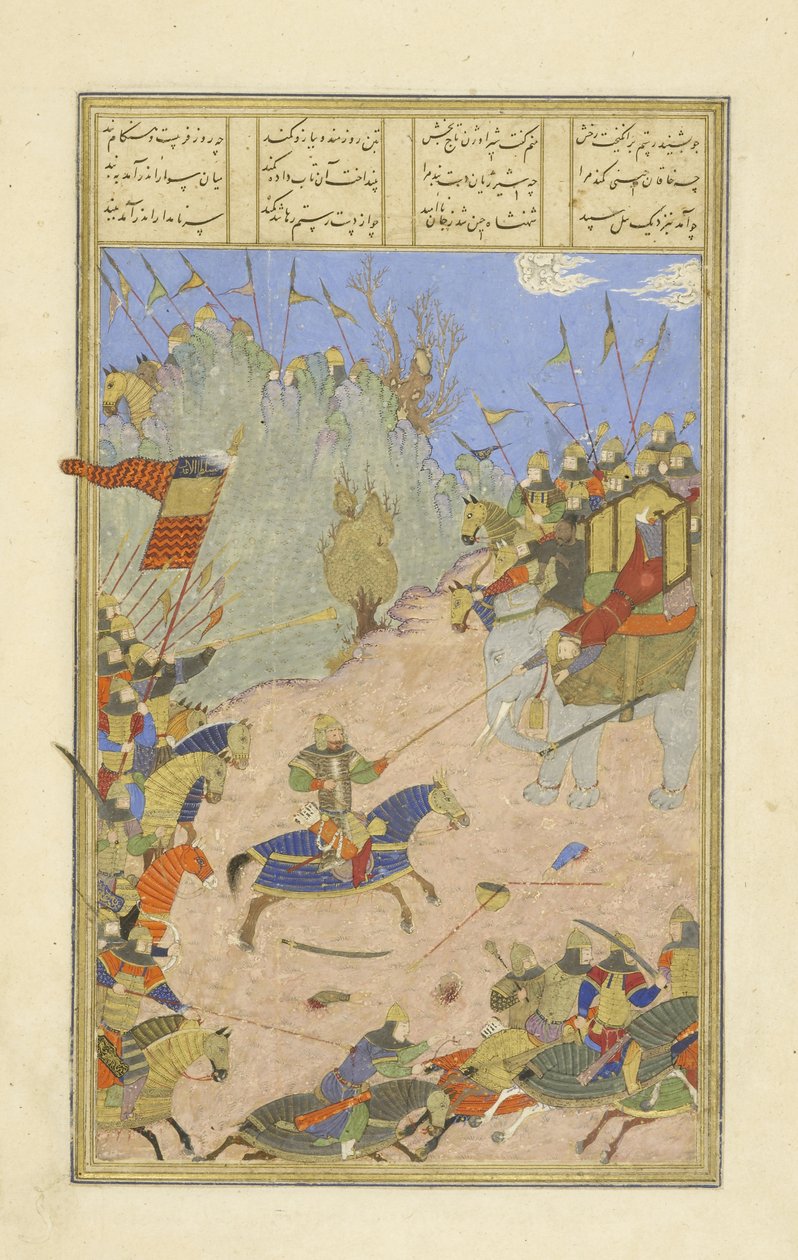 Perzsa 239 fol.155b Rusztam elrántja a Kh?q?n-t elefántjáról, illusztráció a Shahnama-ból (Királyok könyve), Abul-Qasim Mansur Firdawsi (kb. 934-kb. 1020), 1444 alkotó: Persian School