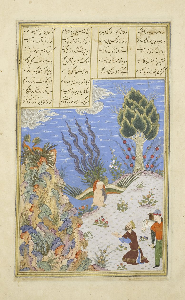 Perzsa 239 fol.16b A Simurgh visszaállítja Z?l-t S?m-re, illusztráció a Shahnama-ból (Királyok könyve), Abul-Qasim Mansur Firdawsi (c.934-c.1020), 1444 alkotó: Persian School