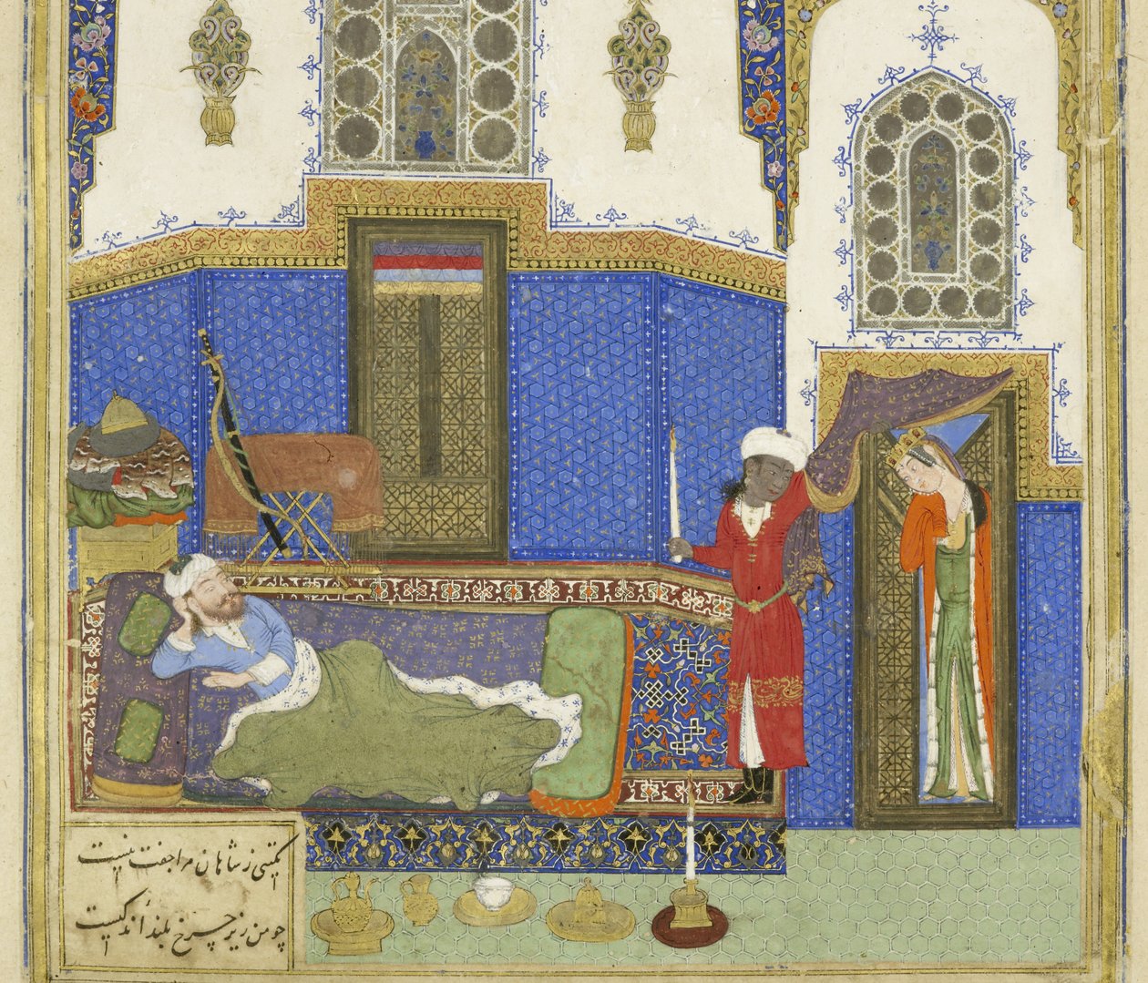 perzsa 239 fol.56b Részlet: Tahm?nah Rusztamhoz érkezik, illusztráció a Shahnama-ból (Királyok könyvéből), Abul-Qasim Mansur Firdawsi (kb. 934-kb. 1020), 1444 alkotó: Persian School