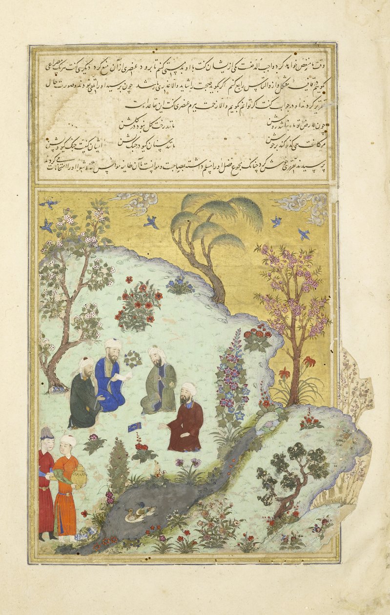 Perzsa 239 fol.7a Firdausi találkozik Ghazni udvari költőivel, illusztrációja a Shahnama (Királyok könyve), szerző: Abul-Qasim Mansur Firdawsi (kb. 934-kb. 1020), 1444 alkotó: Persian School