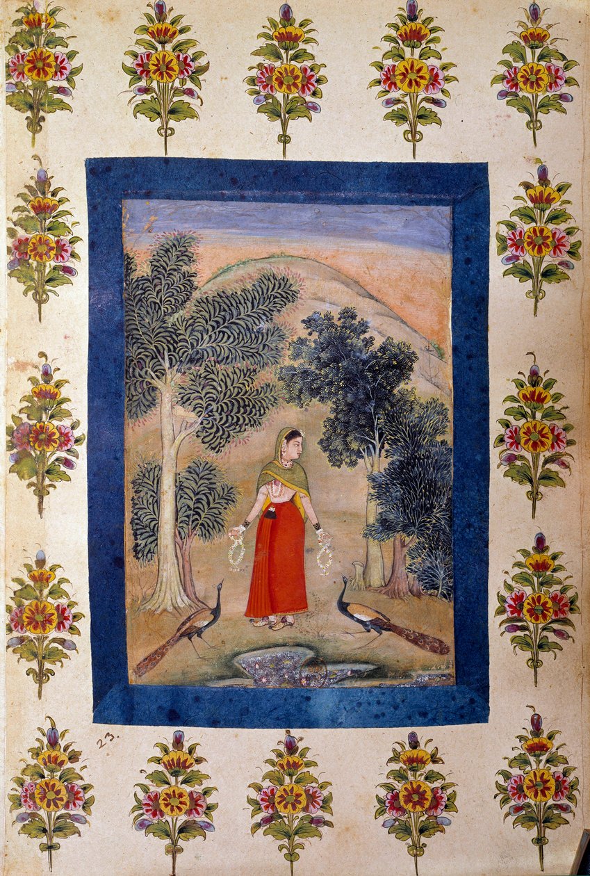 Perzsa művészet: az általa bemutatott két virágos nyakláncú hölgynek két pávája van. perzsa miniatűr alkotó: Persian School