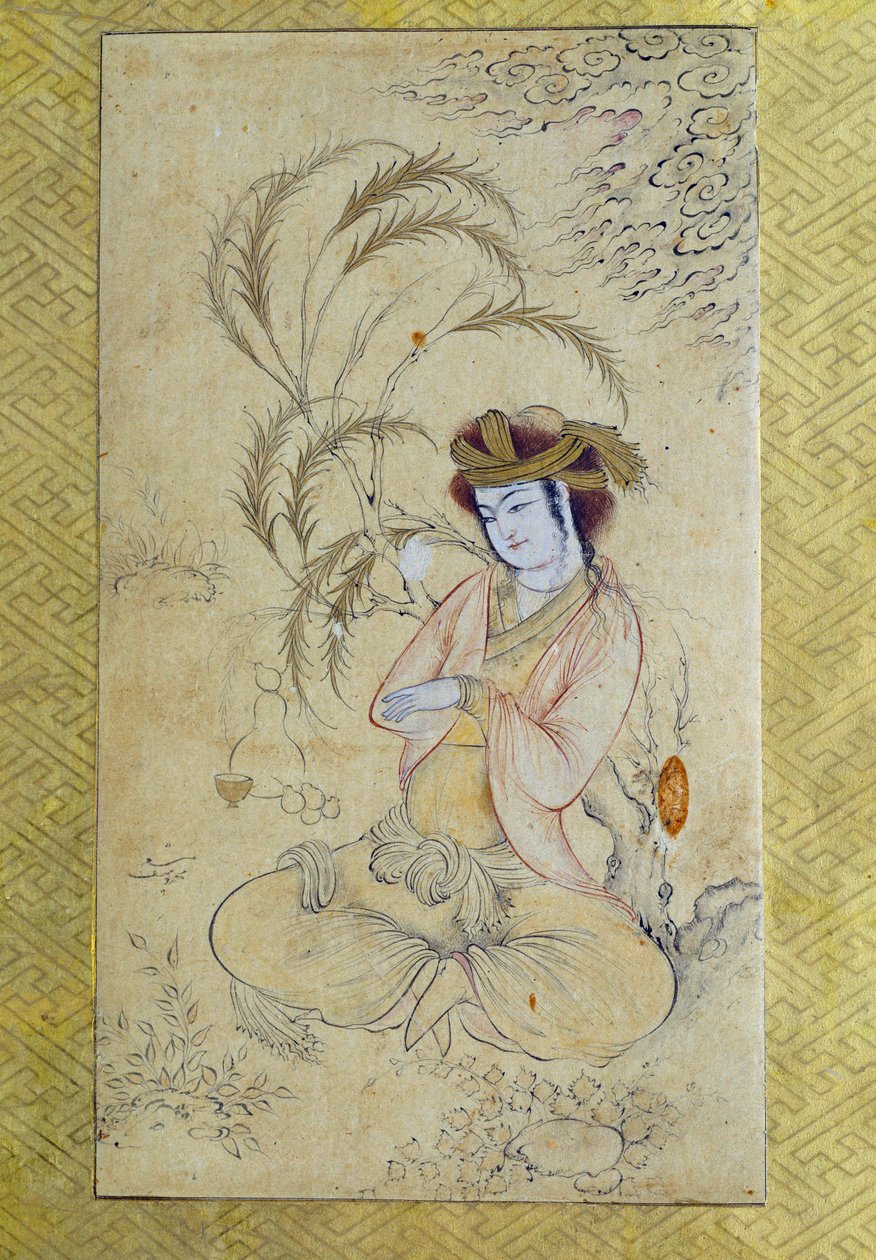 Perzsa művészet: ""fiatal férfi visszatér egy fűz alá"" Anonymous gouache, 17. századi Párizs, Louvre Múzeum alkotó: Persian School
