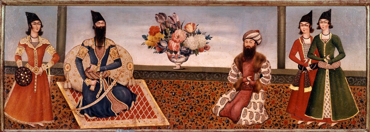 Fath Ali Shah perzsa király (1771-1834) körülveszi udvarának tagjait Shiraz School (Shiraz) festménye (19. század) Teherán, Foroughi gyűjtemény alkotó: Persian School