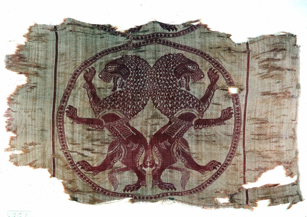 Perzsa művészet: hímzett szövet, amely a szasszanida ihlet két oroszlánját ábrázolja. Kr.u. 8. század. Magángyűjtemény alkotó: Persian School